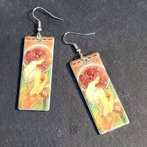 Art Nouveau Alfonse Mucha Painting Lucite Acrylic Rectangle Pendant Earrings